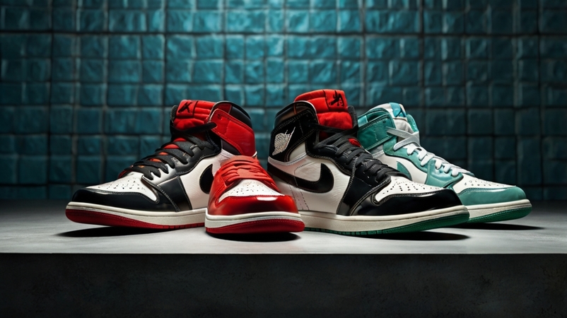 Stylish Jordan Picks For Streetwear Influencers – Shop Now! Buy Now! This 8K professional stock photo showcases a stunning lineup of premium Air Jordan sneakers on a sleek studio surface with a tiled teal background. The image features four high-fashion Jordan shoes, including iconic colorways like black and red, patent leather red, and turquoise green. Perfectly styled and staged, this shot captures the essence of streetwear sneaker culture in 2025. Ideal for blogs, eCommerce product galleries, influencer landing pages, or social media ads promoting Stylish Jordan Picks For Streetwear Influencers. These trending kicks are must-haves for content creators, sneakerheads, and style-savvy shoppers. Elevate your wardrobe and your engagement—Shop Now for the ultimate Jordan flex!